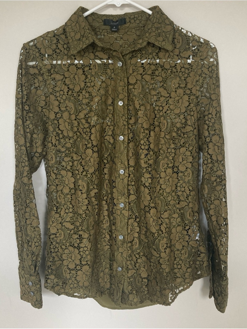 J Crew Olive Green Floral Lace Button Up Shirt With Built In Cami Size 2